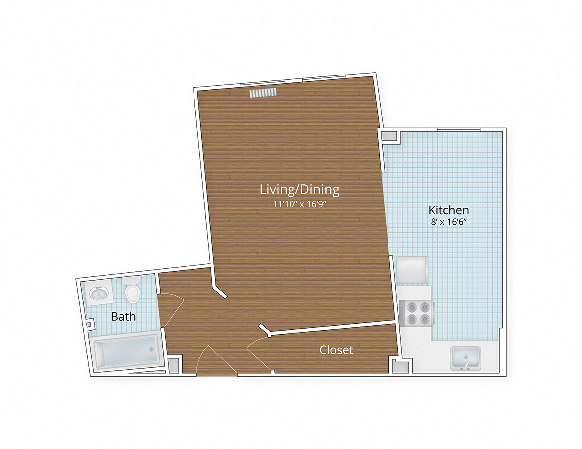 Floor plan for studio, 1 bath, 505 sqft